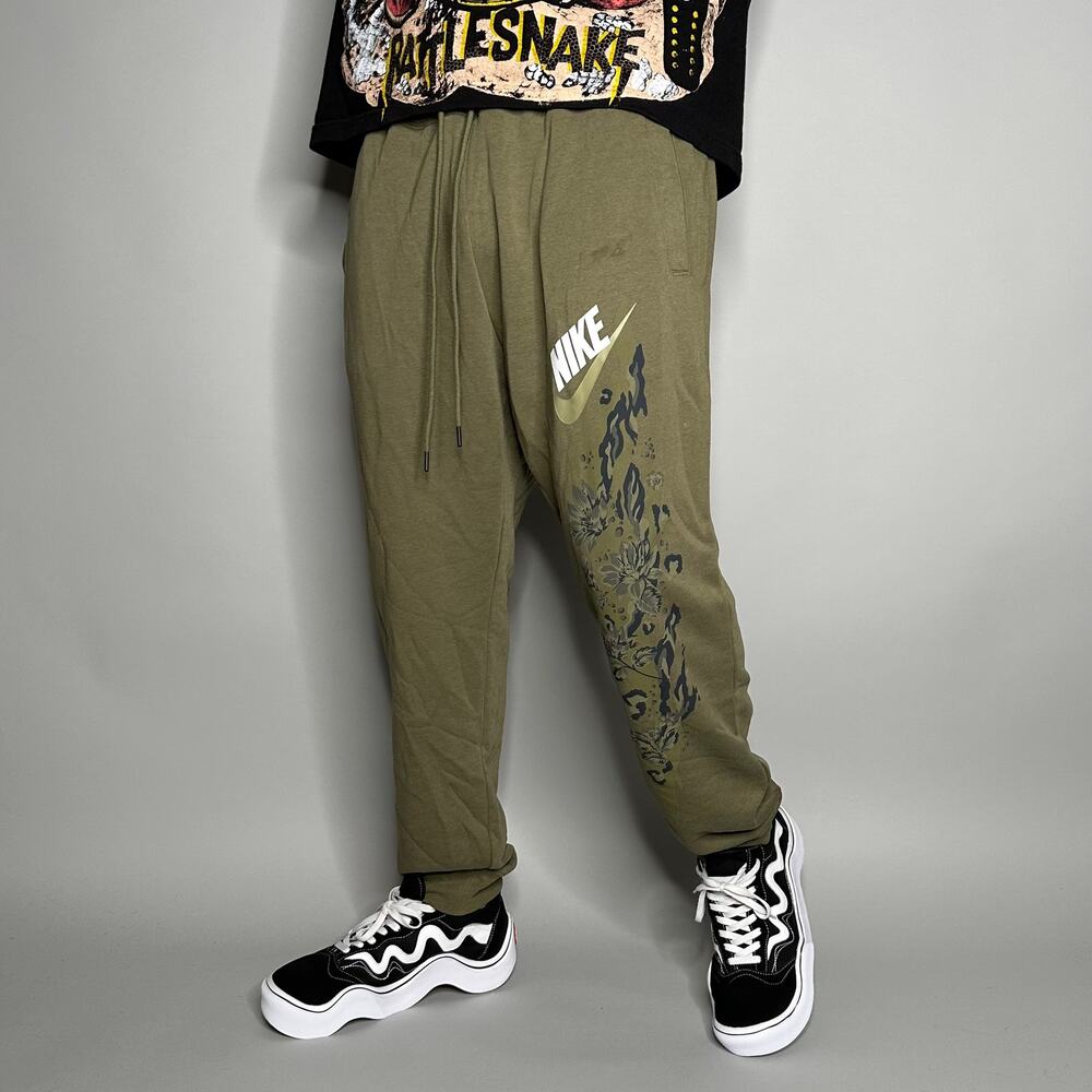 Vintage Y2K Nike Joggers Mens M Military Green Cotton Sweatpants White Logo